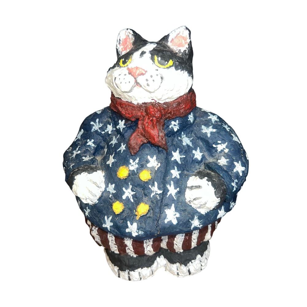 Whimsiclay fat cat patriot red white blue 90s whimsical figurine bowl home decor
